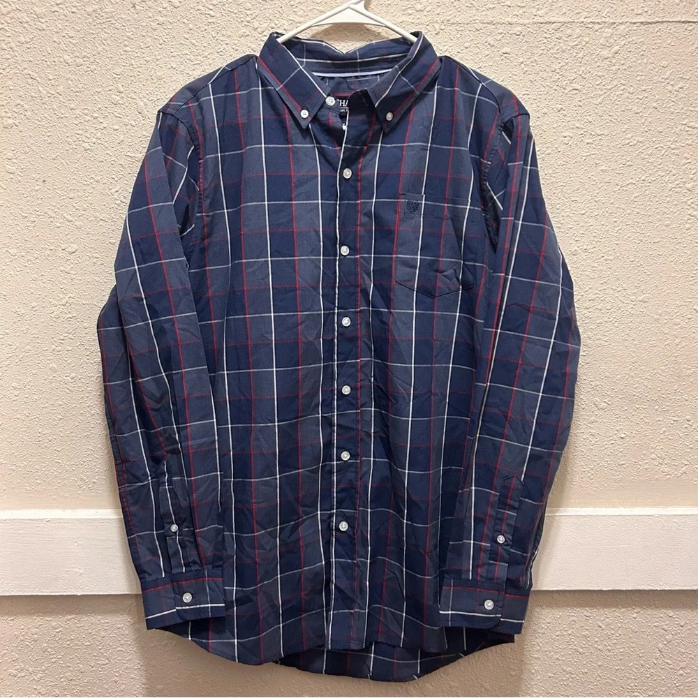 Chaps Navy and Red Men's Button Down Top Medium